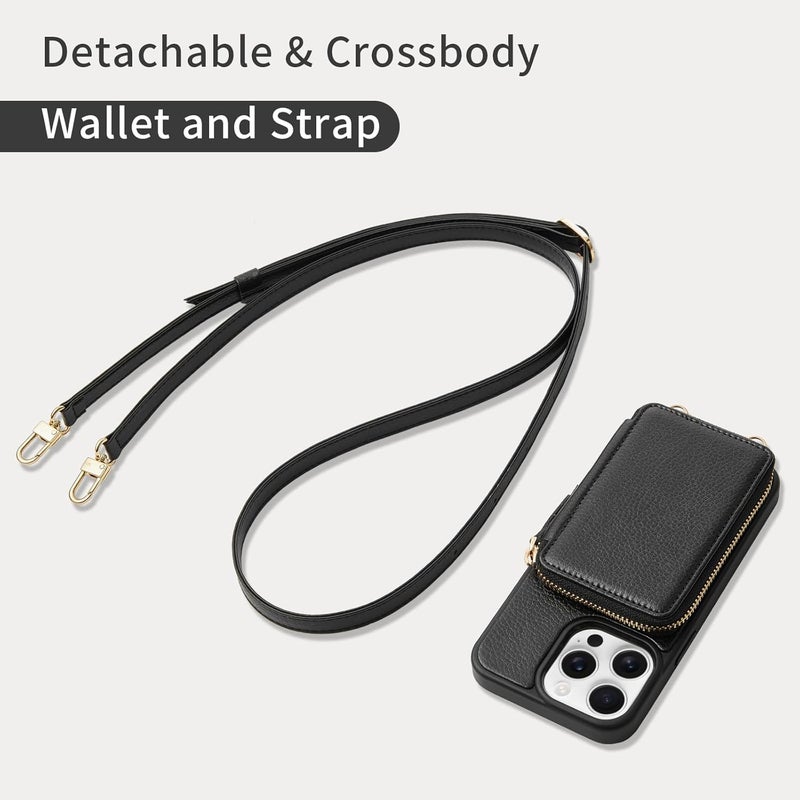 ZVE for iPhone 15 Pro Wallet Case, Crossbody Phone Purse with Card Holder for Women, Zipper Leather RFID Blocking Carrying Cover with Wrist Strap for iPhone 15 Pro 6.1 inch- Black - Image 5
